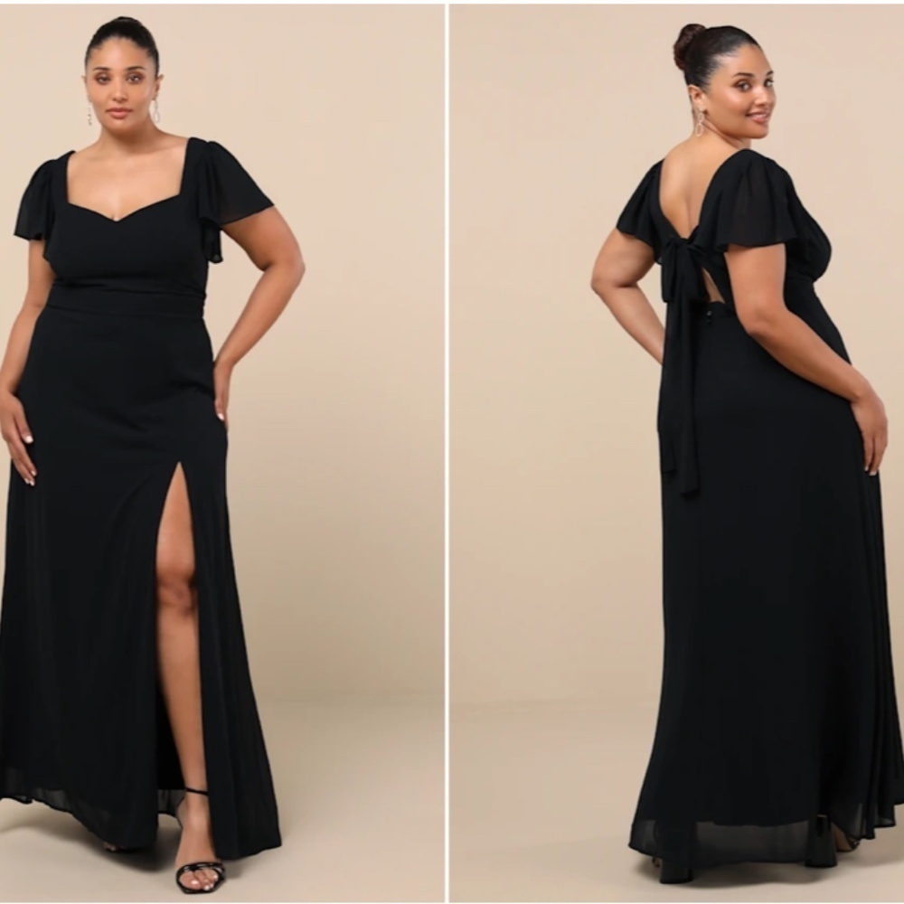 Lulu's Black Flutter Sleeve Maxi Dress with Leg Slit